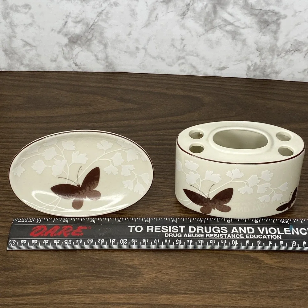 VTG Brown Butterfly Soap Dish & Toothbrush Holder Set •Japan• MCM• Ames Style